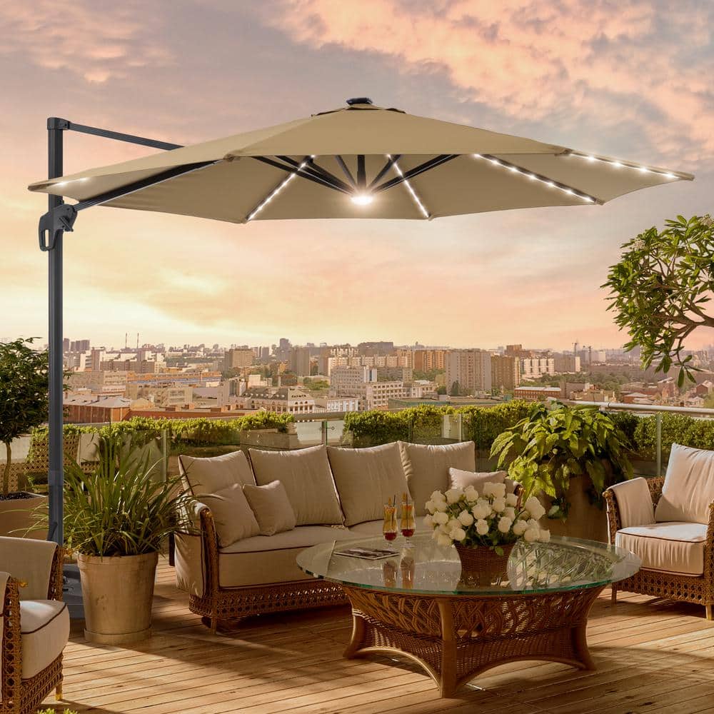 JOYESERY 11ft.Cantilever LED Market Umbrella With a Base, Solar Energy