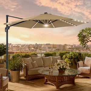11ft.Cantilever LED Market Umbrella With a Base, Solar Energy Hanging With Aluminum Frame, Taupe