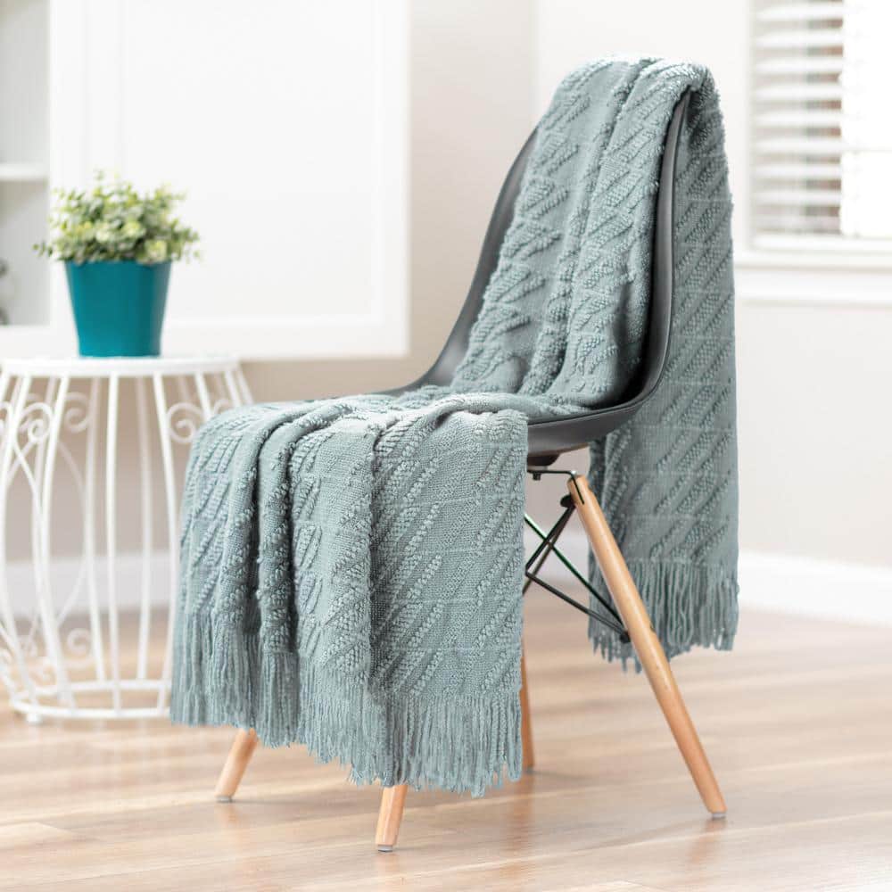 Sage Green Acrylic Knit Throw Blanket with Tassels, 50x65 Inches