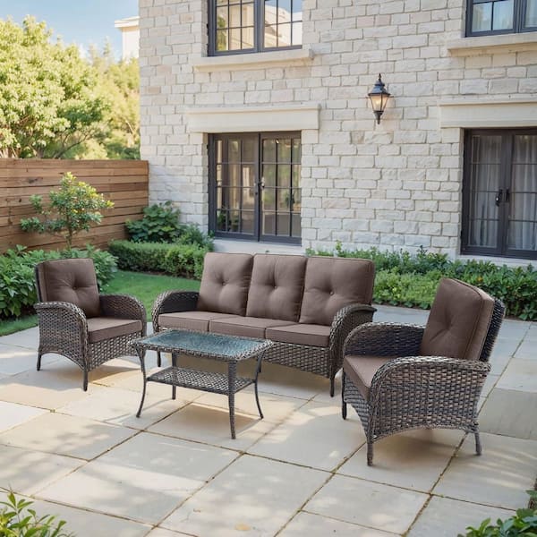 SleekArm 4-Piece Brown Wicker Patio Conversation Set with Olefin Gray Cushion/3-Seat Sofa with Outdoor Lounge Chairs