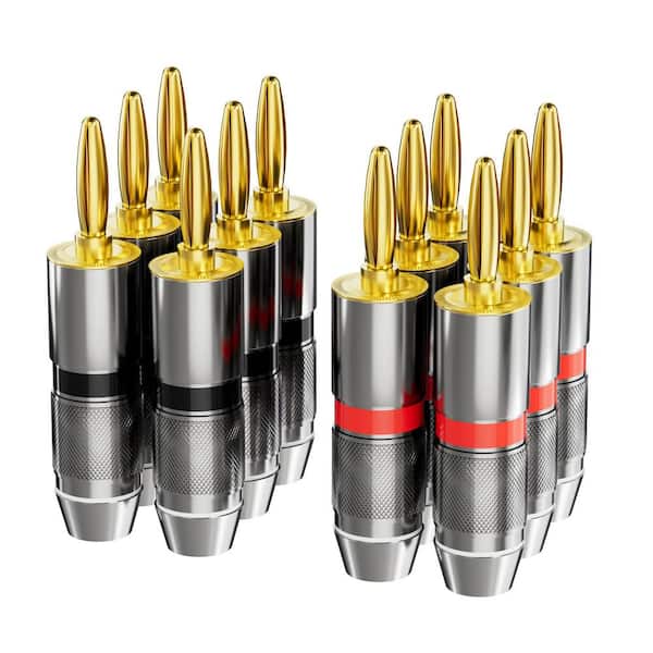 Banana Plugs in Black, Gold Plated Pure Copper, Closed Screw Type for Speaker Wire, Amplifiers & Sound System (12-Pack)