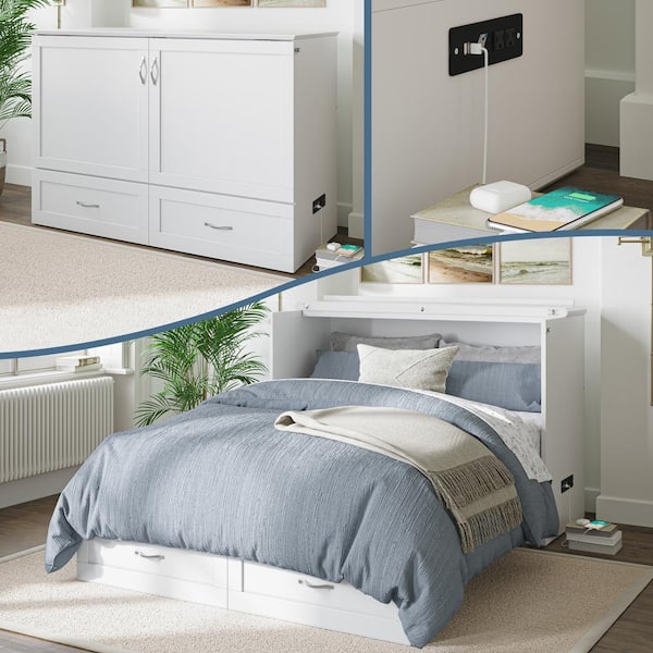 AFI Hamilton Full White Murphy Bed Chest with Memory Foam Folding Mattress Built-in Charging Station and Storage Drawer