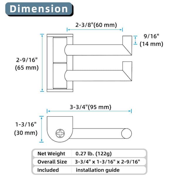 2 Pack Swivel Double Towel Hook in Matte Black 304 Stainless Steel Wall Mounted for Bathroom Bedroom Kitchen Decor