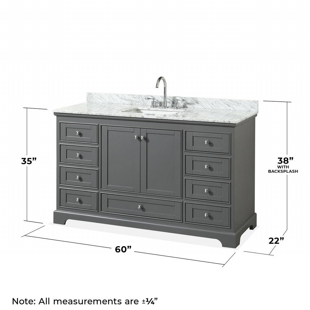 Deborah Dark Gray 60'' Single Bathroom Vanity with White Carrara Marble Top and Mirror