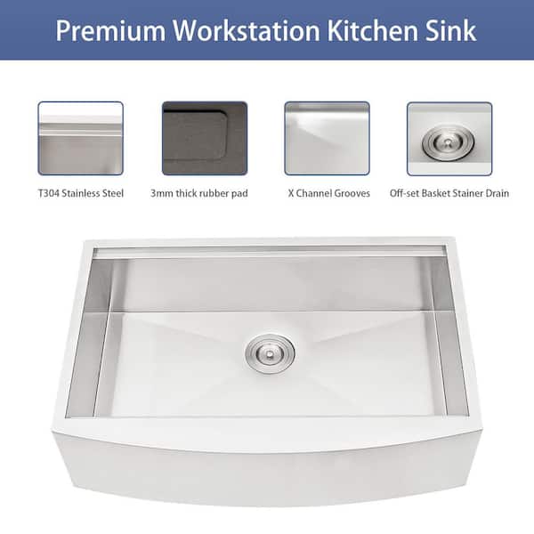 36 in. Farmhouse Single Bowl 16 Gauge Brushed Nickel Stainless Steel Kitchen Sink with Drain Assembly