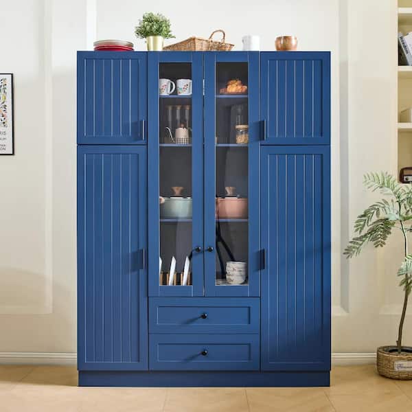 Modern 71 in. Blue Large Kitchen Pantry with 6 Doors, Drawers, Adjustable Shelves,Pull-out Trays and Wine Rack