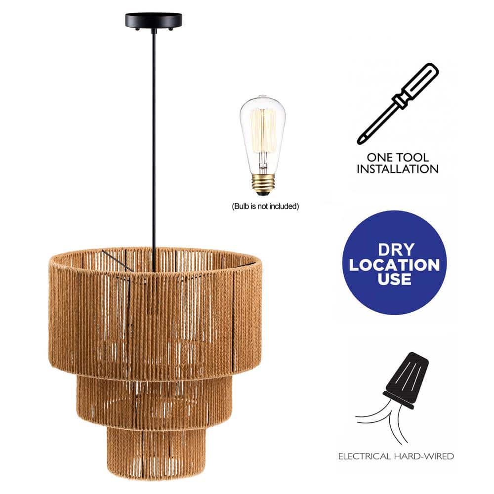 Three-Tiered Natural Jute Rope Drum Chandelier