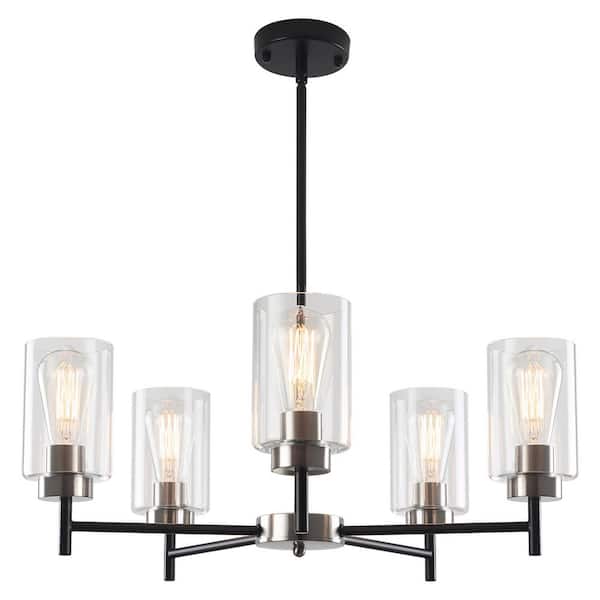 5-Light Black and Nickel Contemporary Chandelier with Clear Glass