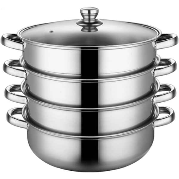4 Piece Stainless Steel Steamer Set with Glass Lid, Double Handles, Food-Grade, Multi-Function, Steamer Pot