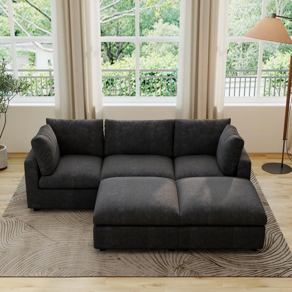 100 in. Square Arm 5-Piece Chenille U-Shaped Modualr Sectional Sofa Corner Couch with Ottoman for Gathering in Black