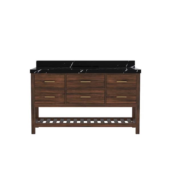 Willow Collections Parket Teak 60 in. W x 22 in. D x 36 in. H Single Sink Bath Vanity in Dark Walnut with Calacatta Black Quartz Top