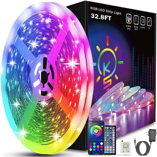 32.8 ft. Smart App Music Sync Color Changing RGB Bluetooth LED Strip Light with Remote for Bedroom Home Decor