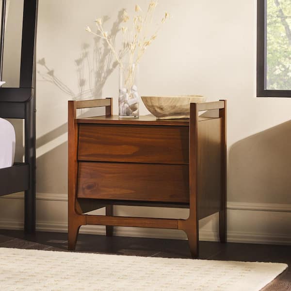 Walker Edison Furniture Company 2-Drawer Walnut Solid Wood Modern Nightstand with Angled Drawers