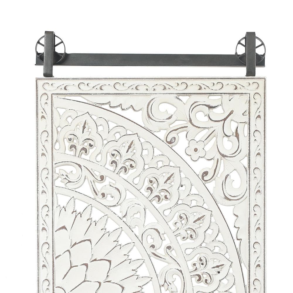 Distressed Ivory White Wood Floral Wall Art Set with Iron Bar