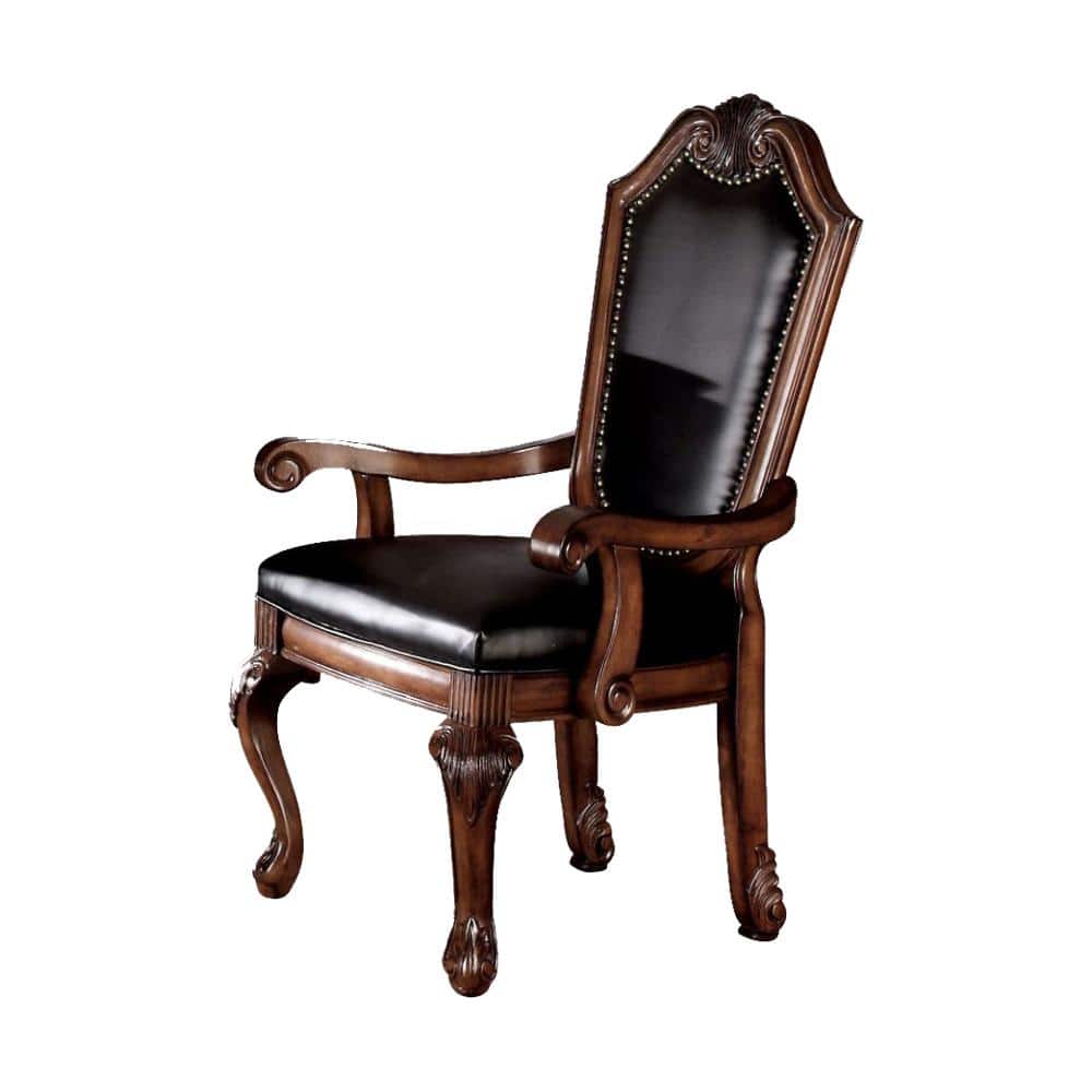Chateau De Ville Black Faux Leather and Cherry Wood Arm Chair
