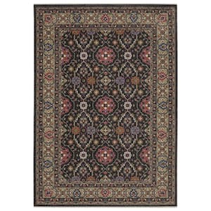 Hunter Charcoal/Pink 4 ft. x 6 ft. Bordered Floral Oriental Polyester Fringe-Edge Indoor Area Rug