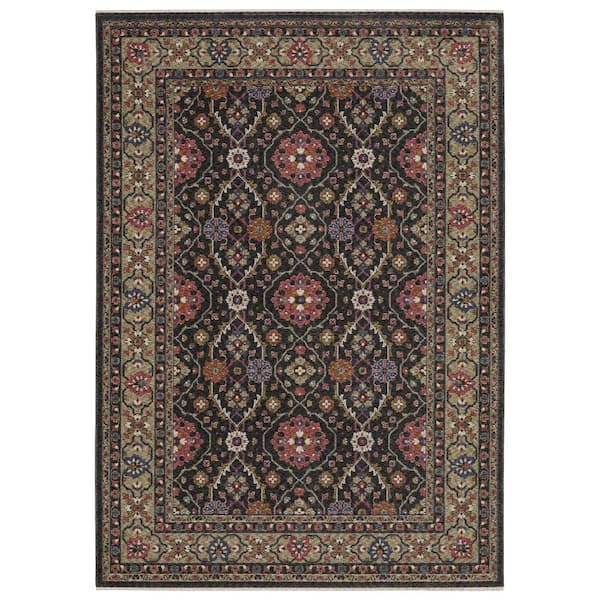 AVERLEY HOME Hunter Charcoal/Pink 5 ft. x 8 ft. Bordered Floral Oriental Polyester Fringe-Edge Indoor Area Rug