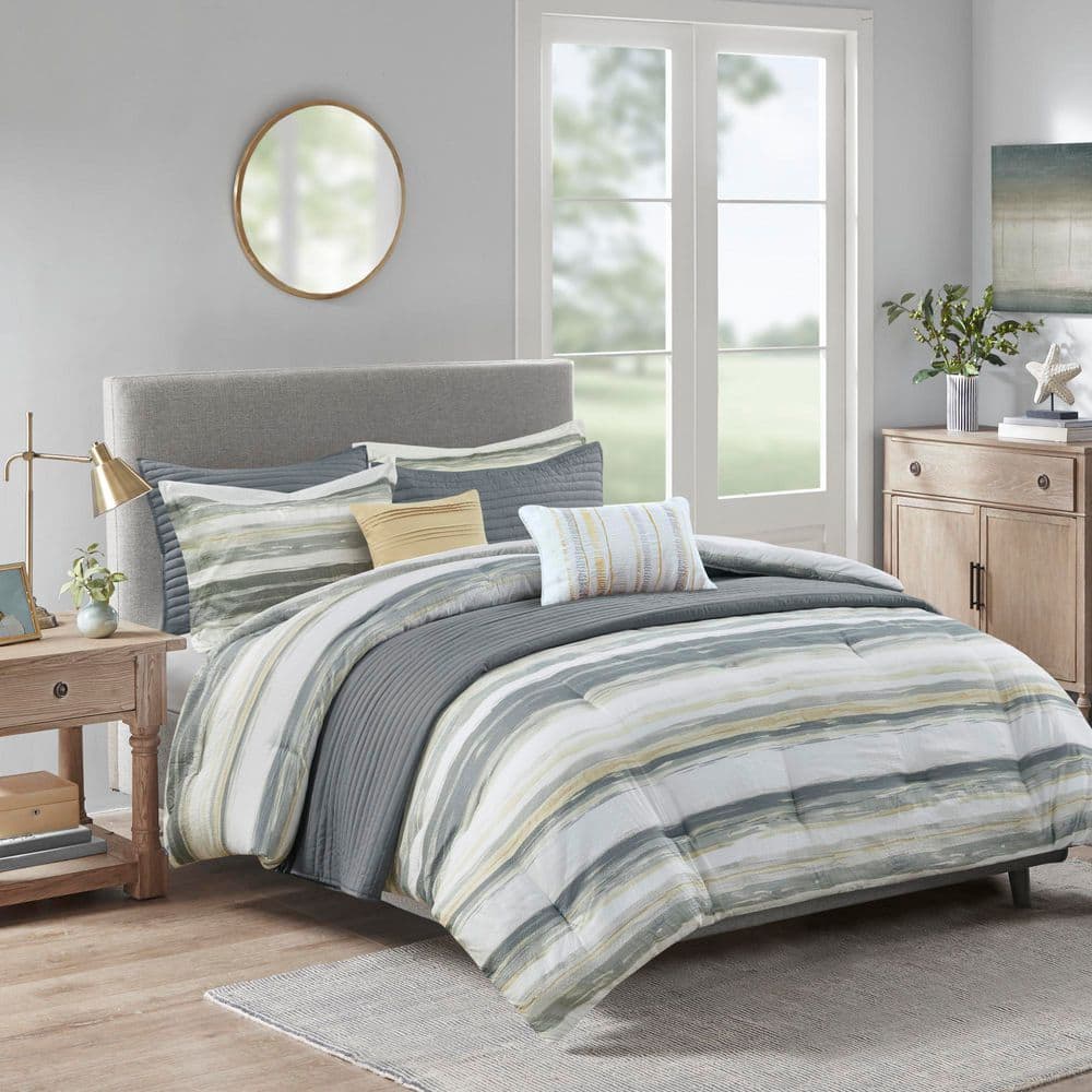 Yellow and Gray Reversible Microfiber Comforter Set, Full