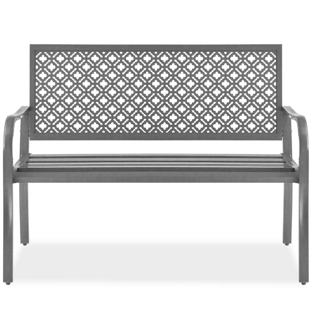 Gray Steel 2-Person Outdoor Garden Bench with Geometric Backrest