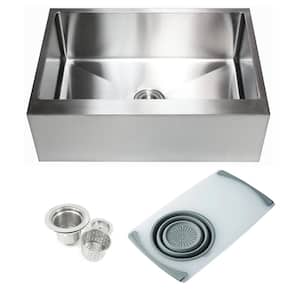Farmhouse Apron 16Gauge Stainless Steel 30 in. Flat Front Single Bowl Kitchen Sink w/CuttingBoard Colander and Strainer