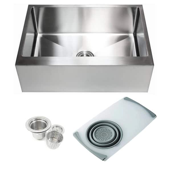 eModernDecor Farmhouse Apron 16Gauge Stainless Steel 30 in. Flat Front Single Bowl Kitchen Sink w/CuttingBoard Colander and Strainer