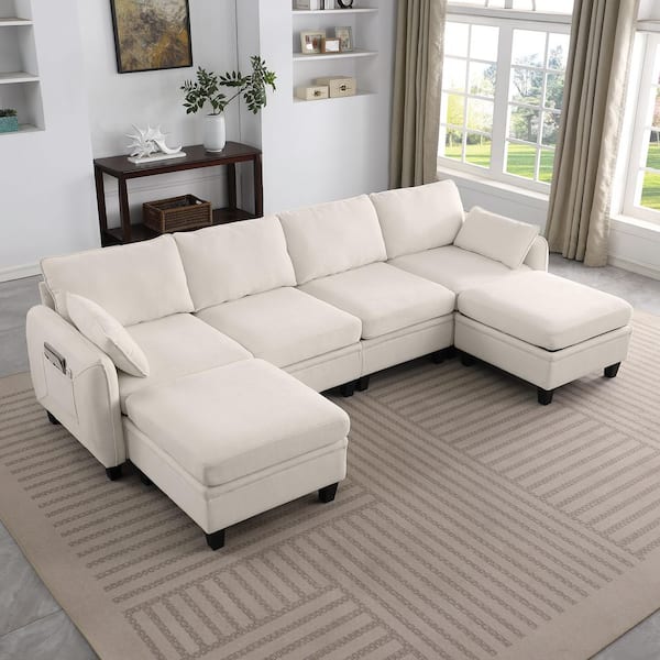 Ximena Modern 109.4 in. 6-Piece Chenille Modular Storage Sectional Sofa with Lift-Up Storage Ottomans in. Beige