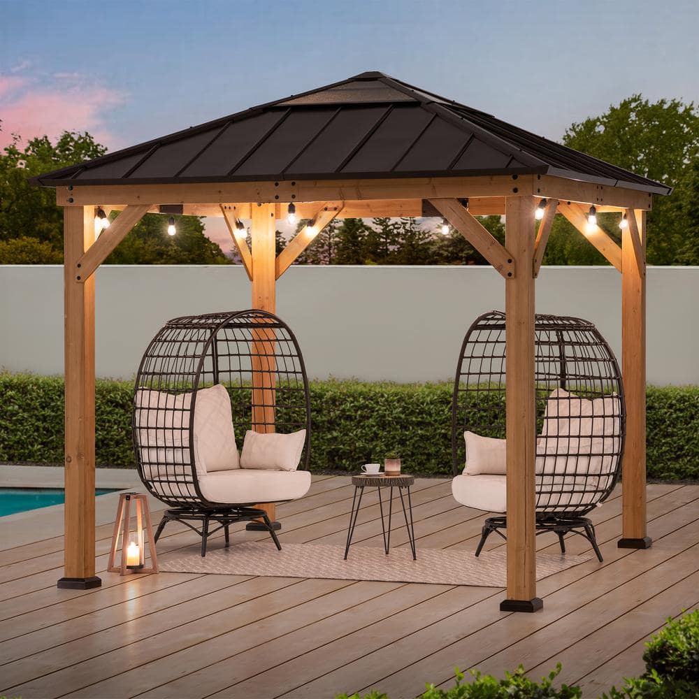 Sunjoy 9 ft. Cedar Wood Gazebo with Brown Steel Roof