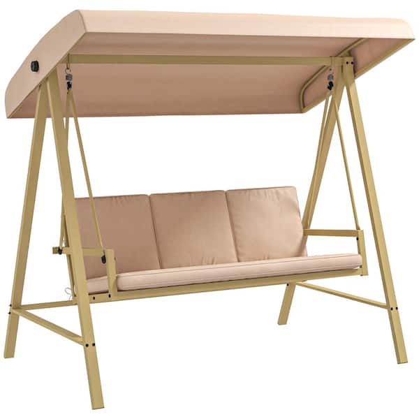 Outsunny 6.5 in. 3 Person Beige Wood Patio Swing with Adjustable Canopy, Removable Cushions, Breathable Mesh Seat