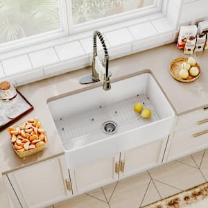 Fireclay 30 in. Single Bowl Farmhouse Apron Kitchen Sink with Pull Down Kitchen Faucet and Accessories