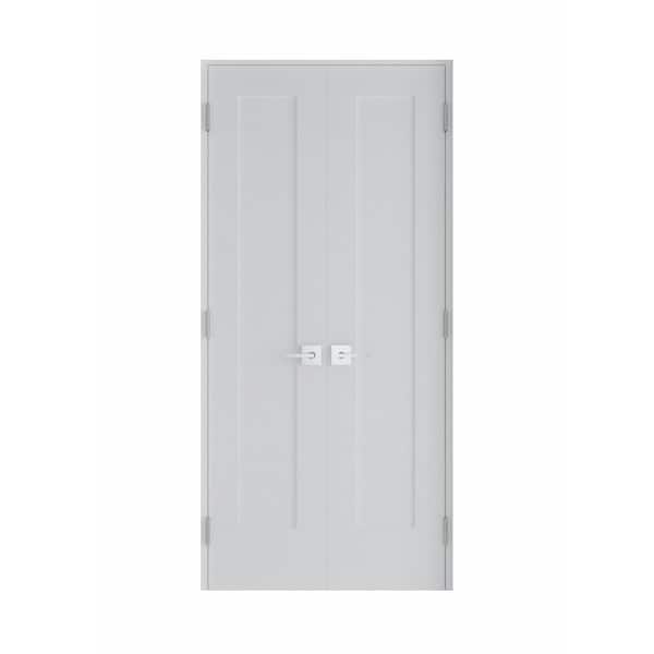 44 in. x 80 in. Bi-Parting Solid Core Primed Composite Double Prehung French interior Door Satin Nickel Hinges