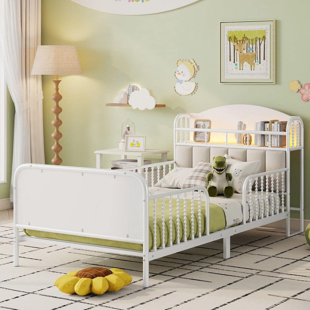 Xandrelle White Metal Frame Twin Size Platform Bed with Velvet Upholstered and Storage Headboard, Guard Rails
