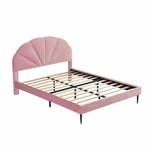 Pink Frame Queen Size of Luxury Velvet Platform Bed with Seashell-Shaped Headboard