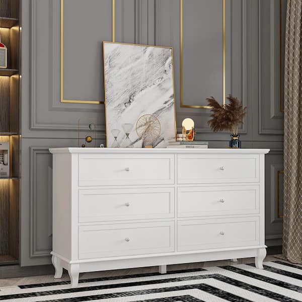 FUFU&GAGA 6-Drawers White Wood Chest of Drawer Storage Cabinet Organizer 55.1 in. W x 15.7 in. D x 31.5 in. H
