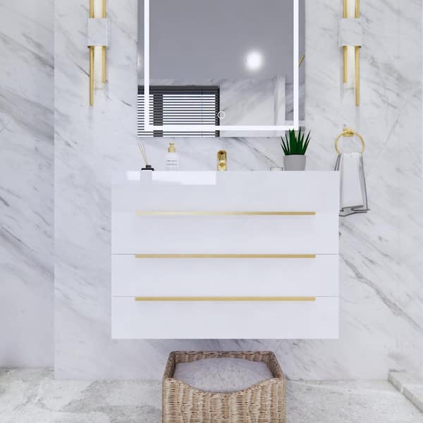 Bethany 30 in. W x 20 in. D x 22 in. H Single Sink Floating Bath Vanity in High Gloss White with White Acrylic Top