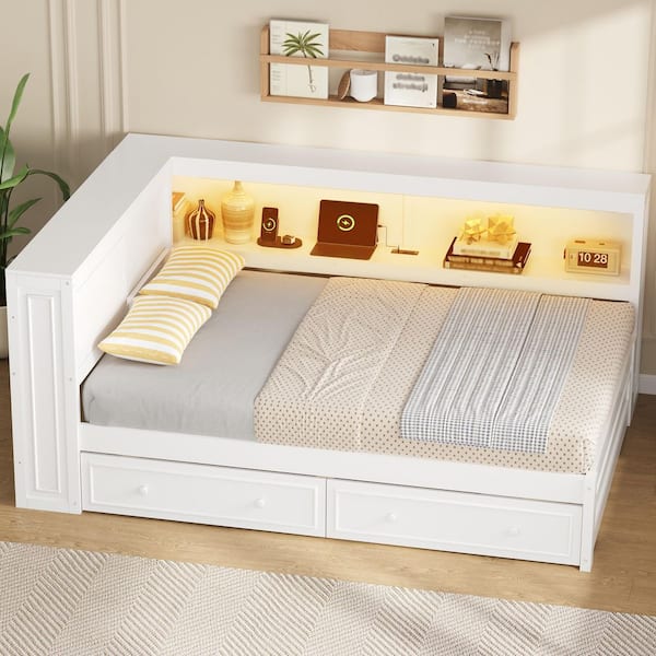 White Full Daybed with LED Light, USB, Socket, Shelf, Cabinet with Sliding Doors, 2-Drawers, 2-Corner Direction Options
