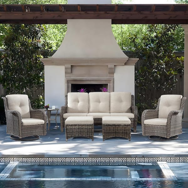 6-Piece Wicker Outdoor Patio Seating Set Sectional Sofa with Swivel Rocking Chair, Ottomans and Beige Cushions