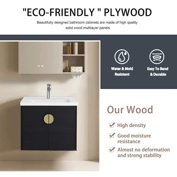 23.80 in. W x 18.50 in. D x 20.70 in. H Floating Wall-Mounted Bath Vanity in Black Chestnut with White Ceramic Top