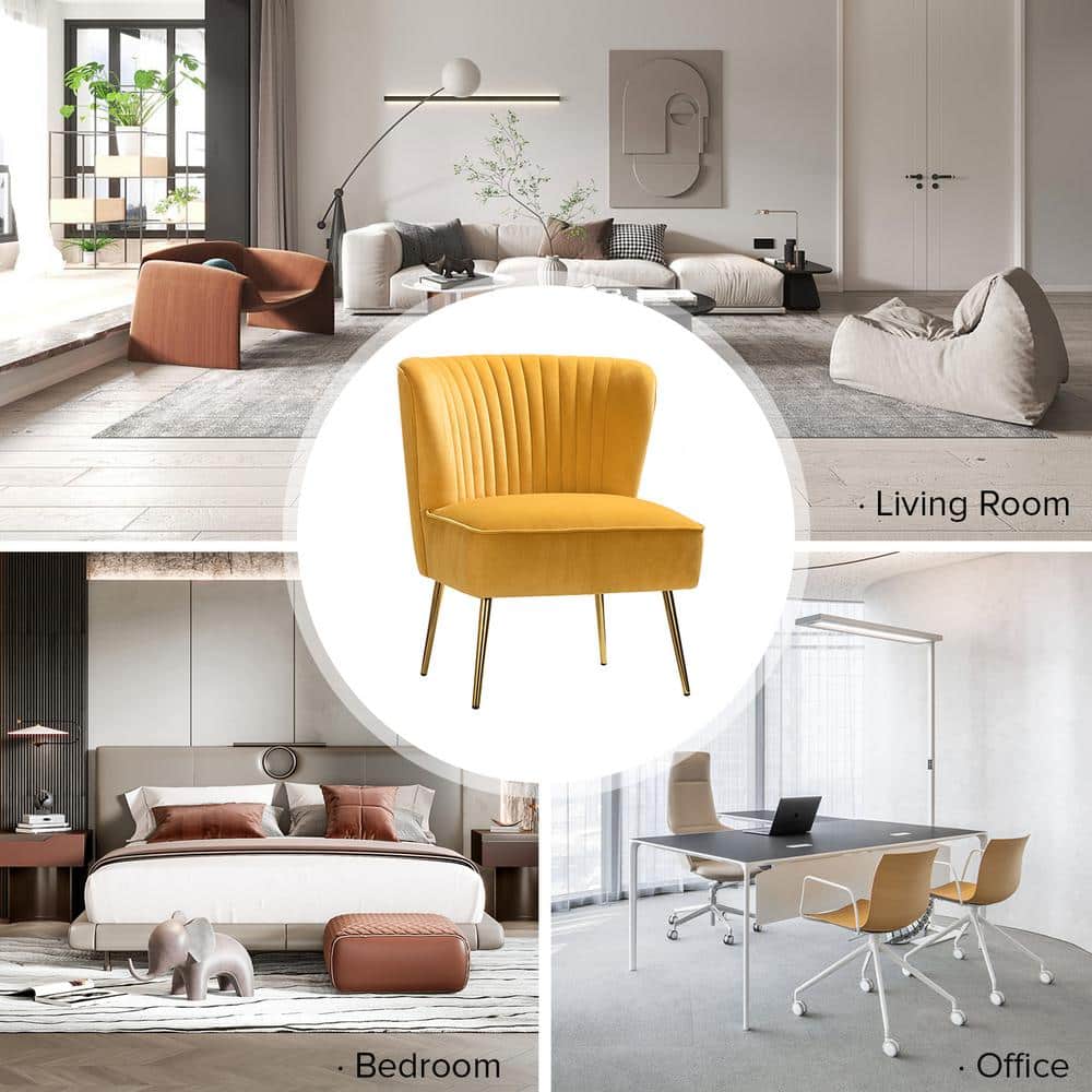 Mustard Velvet Armless Accent Chair with Gold Legs