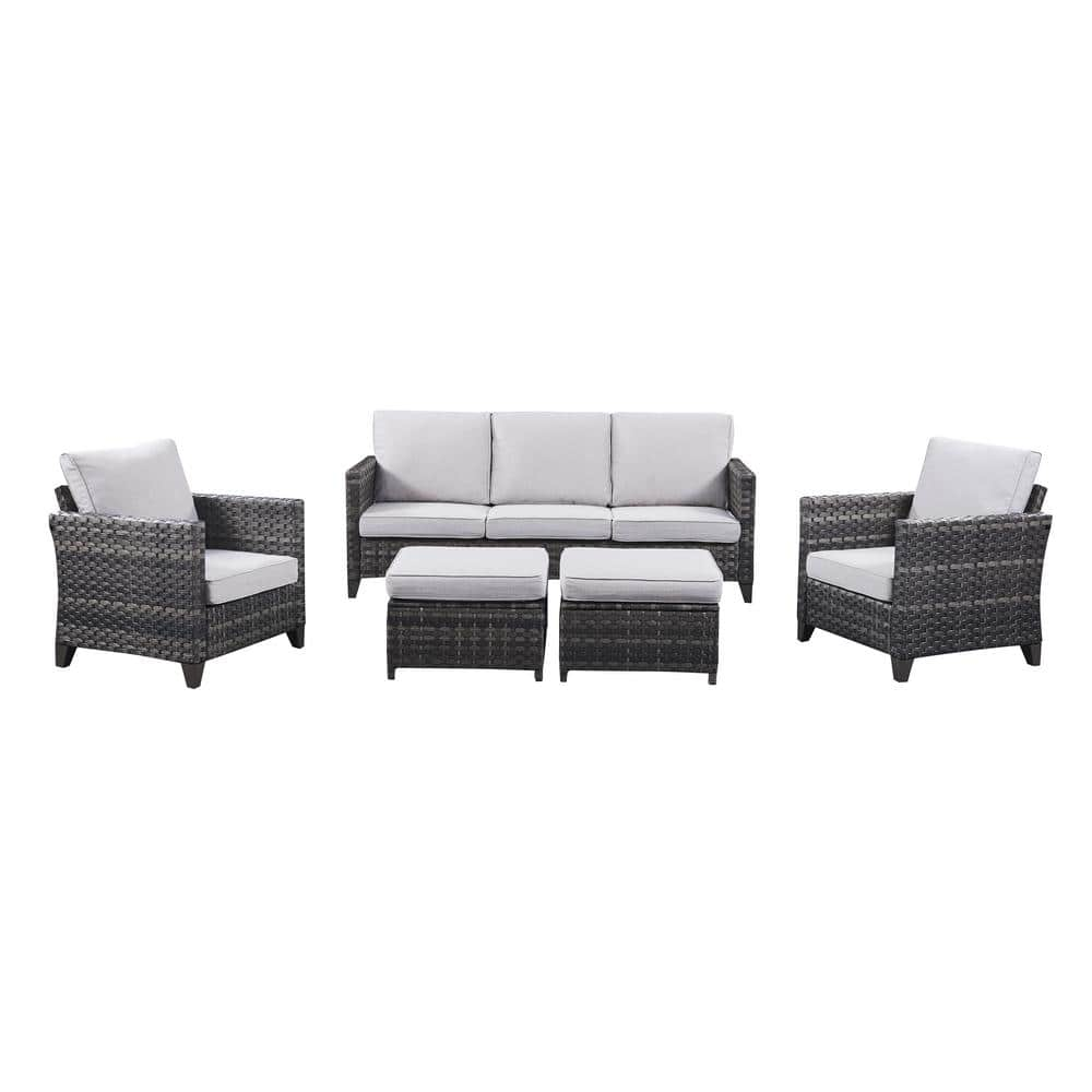 Serga 5-Piece Gray Wicker Outdoor Patio Conversation Seating Set with ...