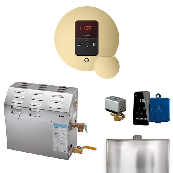 MS 10 kW (10000 W) Steam Shower Generator Package with Round iTempo Control in Satin Brass and Accessories