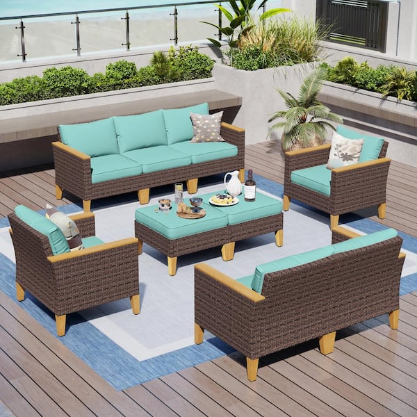PHI VILLA Brown Rattan Wicker 9 Seat 9-Piece Steel Outdoor Patio Conversation Set with Blue Cushions and 2 Ottomans