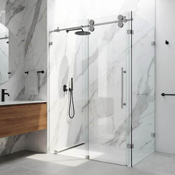 Winslow 35 in. L x 46 in. W x 74 in. H Frameless Sliding Rectangle Shower Enclosure in Stainless Steel with Clear Glass