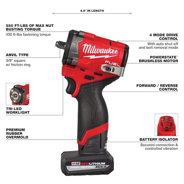 Milwaukee M12 FUEL 12V Li-Ion Brushless Cordless Stubby 3/8 in. Impact Wrench Kit w/ Impact Driver, Batteries 2562-22-3453-20