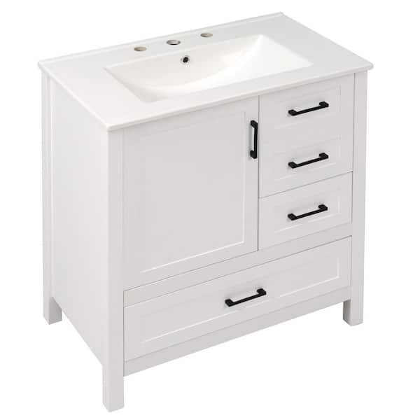 30 in. White Bath Vanity with Ceramic Top Sink Combination Set Soft Close Door, 3 Soft Close Drawers and Removable Tray