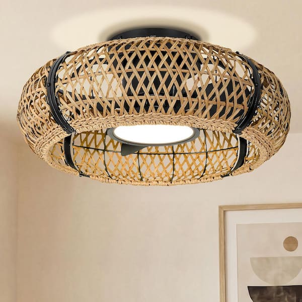 20 in. Indoor Natural Bamboo x Cage Flush mount Ceiling Fan with 3CCT Dimmable LED Light and Reversible Silent DC motor