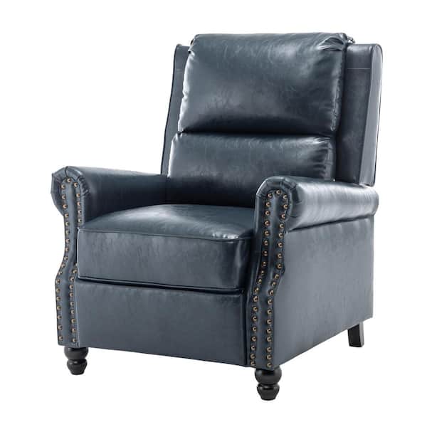 Uixe Luxury Navy Blue PU Leather Nailhead Trim Upholstered Recliner Chair with Adjustable Footrest(Set of 1)
