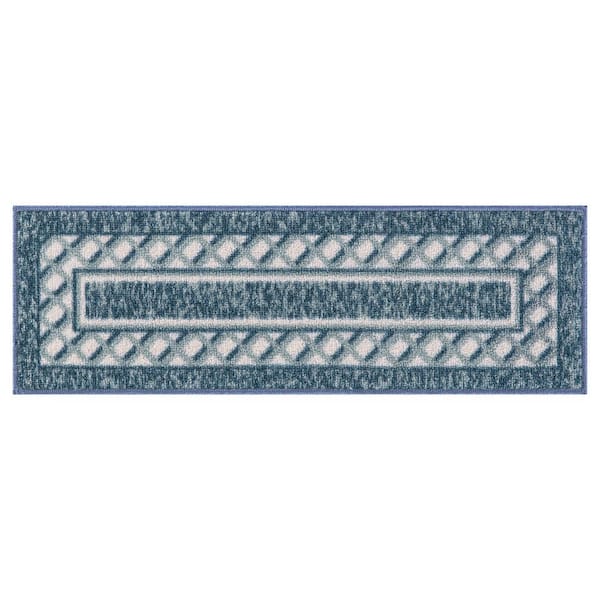 Ottomanson Basics Collection Rubberback Bordered Navy Blue, 8.5 in. x 26 in. ., Stair Tread Cover (Set of 7)