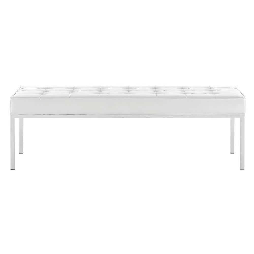 White Vegan Leather Tufted Bench with Stainless Steel Legs