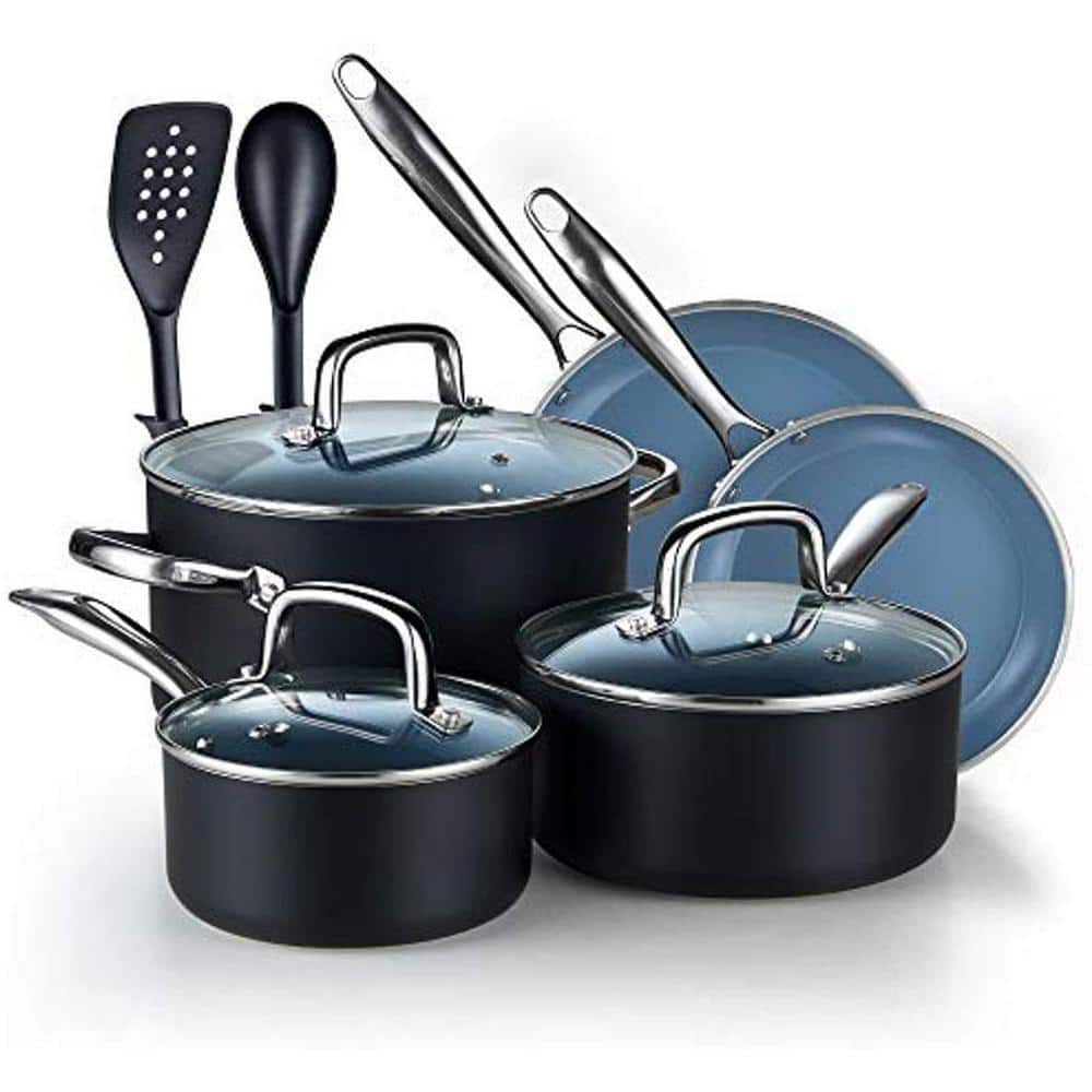 Pots and Pans Set,Aluminum Cookware Set, Nonstick Ceramic Coating, Fry Pan,  Stockpot with Lid, Blue,10 Pieces