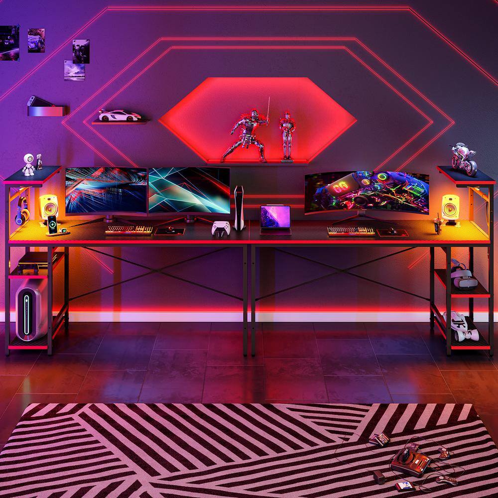 Black Carbon Fiber Gaming Desk with LED Lights and Shelves